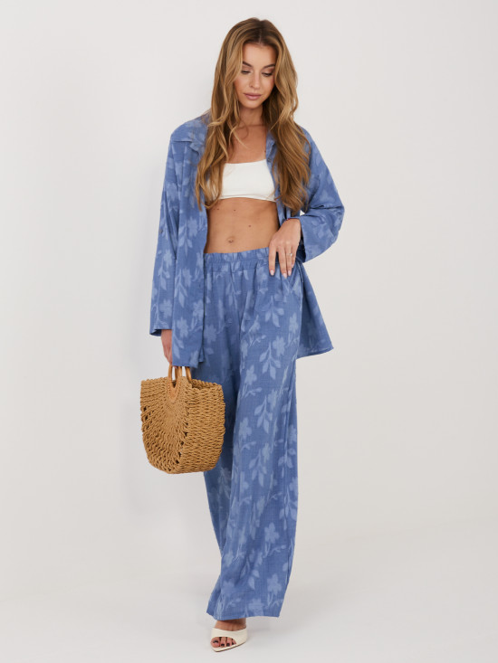 Dámský modrý komplet s košilí a kalhotami