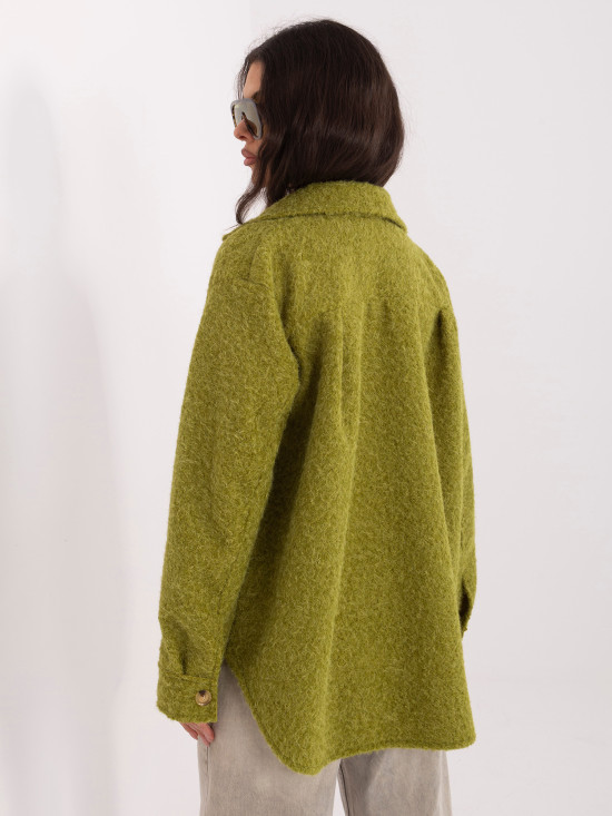Olivově zelená přechodová bunda s límcem a kapsami