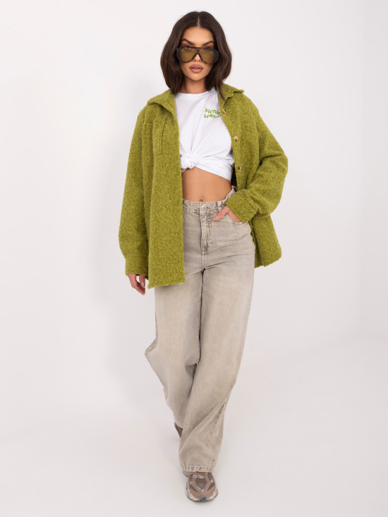 Olivově zelená přechodová bunda s límcem a kapsami