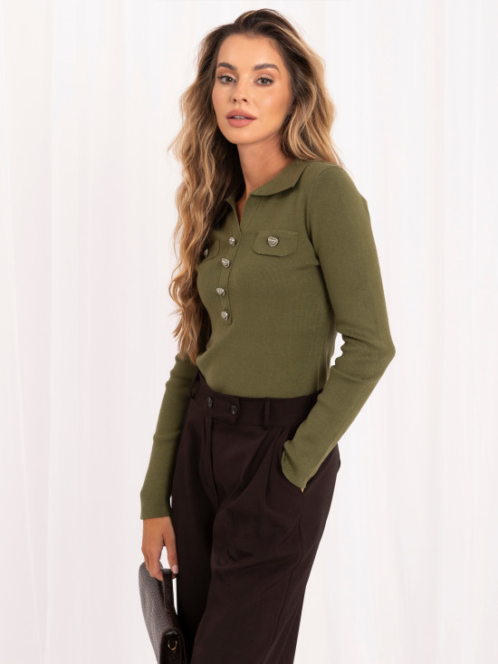Elegantní khaki svetr s límečkem a knoflíky