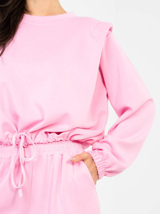 Růžová dámská souprava s vázáním a vysokým pasem