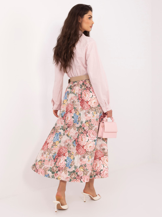 Růžová midi sukně s květinovým vzorem a páskem