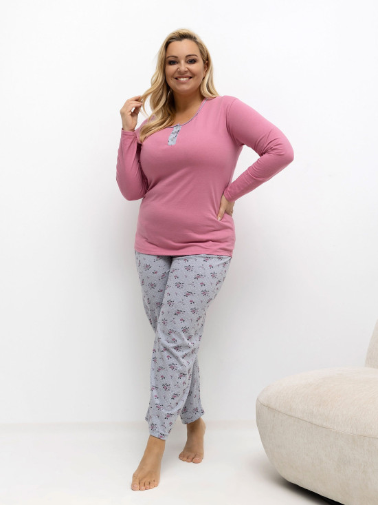 Dámské bavlněné pyžamo s květinovým a puntíkovaným vzorem, růžové