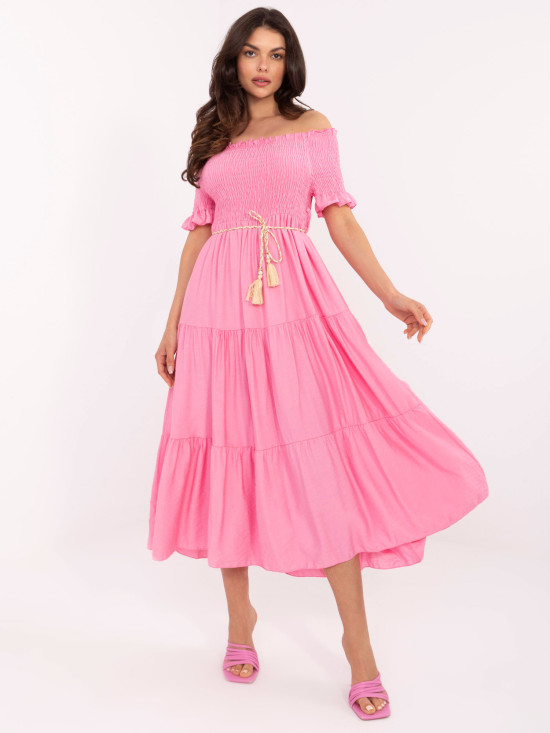 Růžové letní midi šaty s off-shoulder střihem