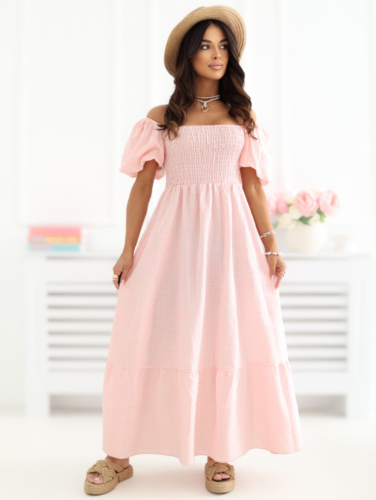 Oranžové midi šaty s volánem a kostkovaným vzorem