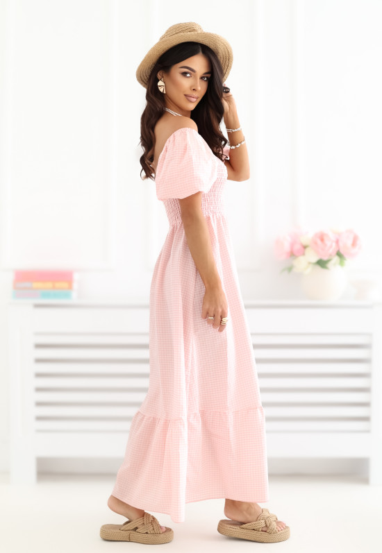 Oranžové midi šaty s volánem a kostkovaným vzorem