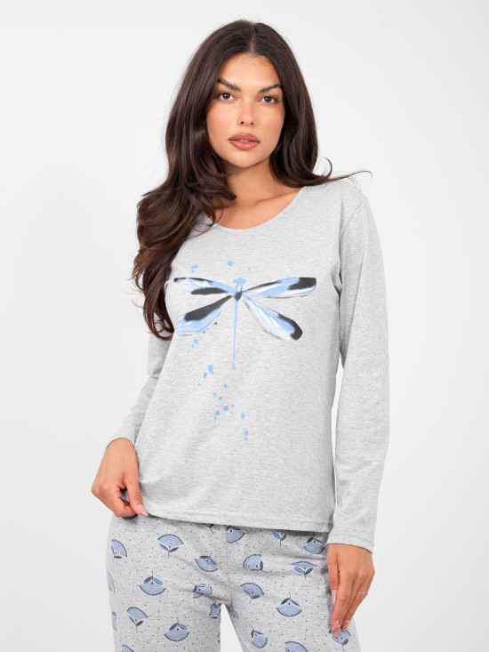 Dámské šedé bavlněné pyžamo s potiskem a knoflíky