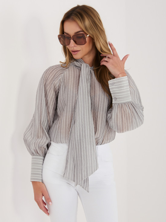 Šedá pruhovaná košile s vázáním a nabíranými rukávy