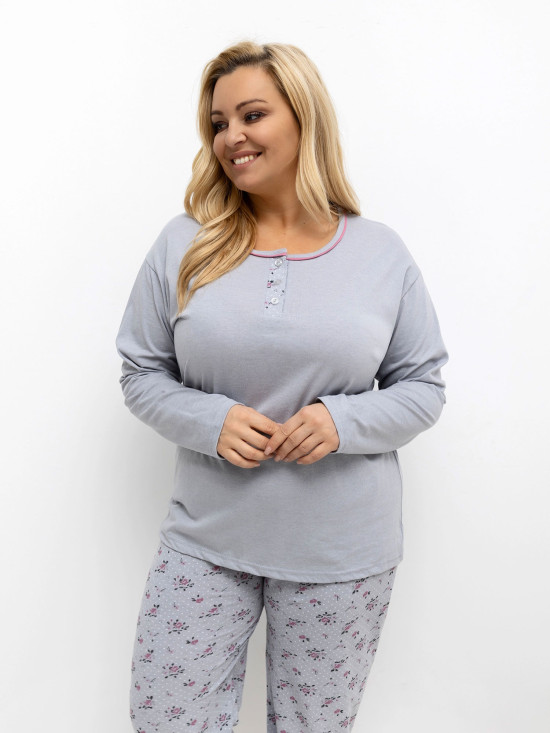 Dámské šedé pyžamo s květinovým a puntíkovaným vzorem