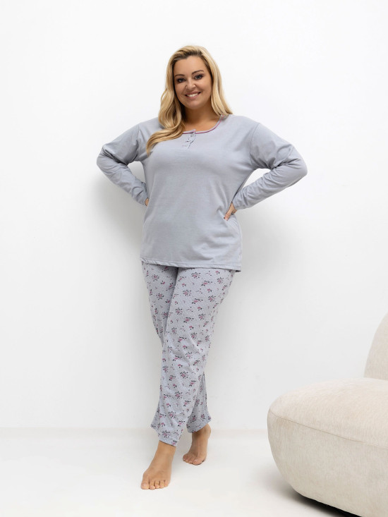 Dámské šedé pyžamo s květinovým a puntíkovaným vzorem