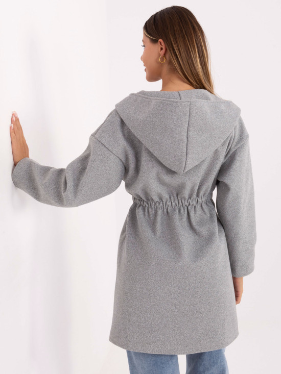 Stylový šedý přechodný kabát s kapucí a páskem