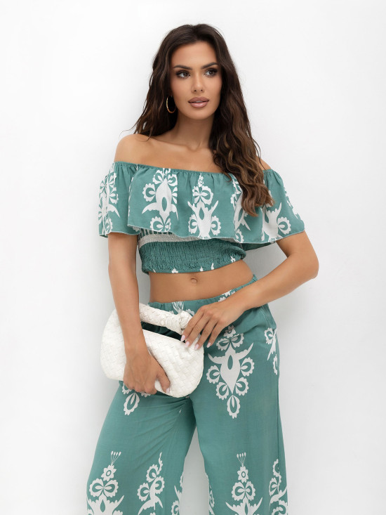 Boho komplet s halenkou a kalhotami v tyrkysové barvě