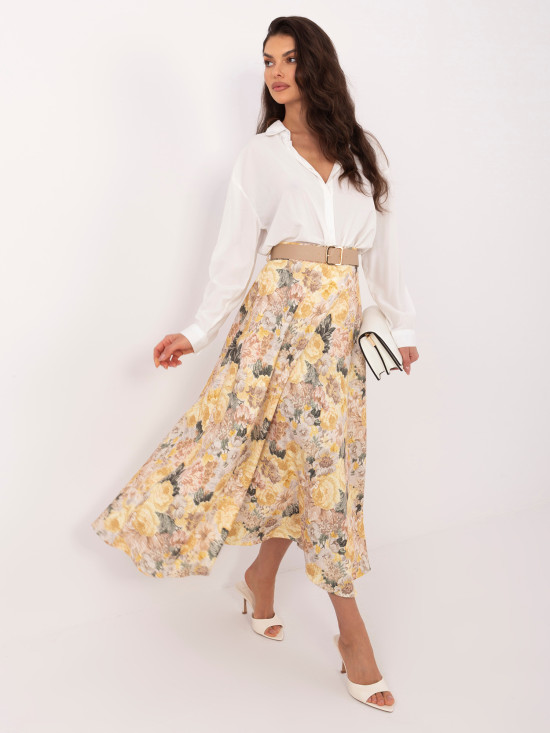 Žlutá midi sukně s květinovým vzorem a páskem