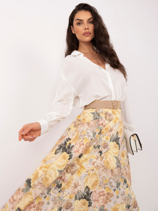 Žlutá midi sukně s květinovým vzorem a páskem