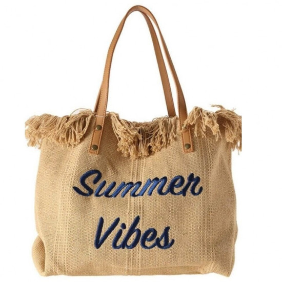 Plážová taška SUMMER VIBES s třásněmi přírodní
