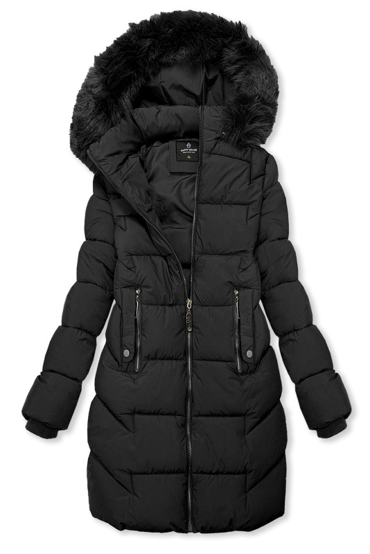 Černá zimní prošívaná bunda s kožešinou