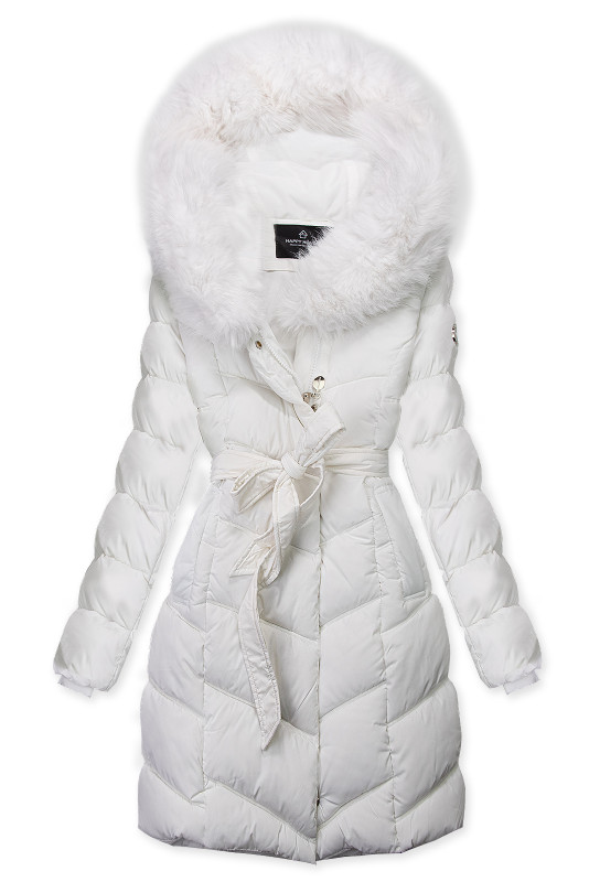 Bílá zimní bunda s páskem a kožešinou