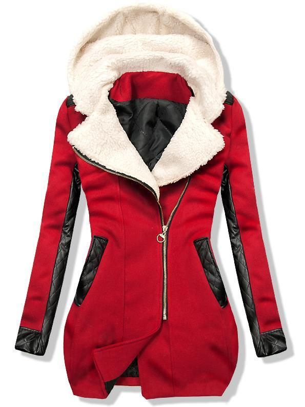 Červený zimní kabát s koženkovými detaily