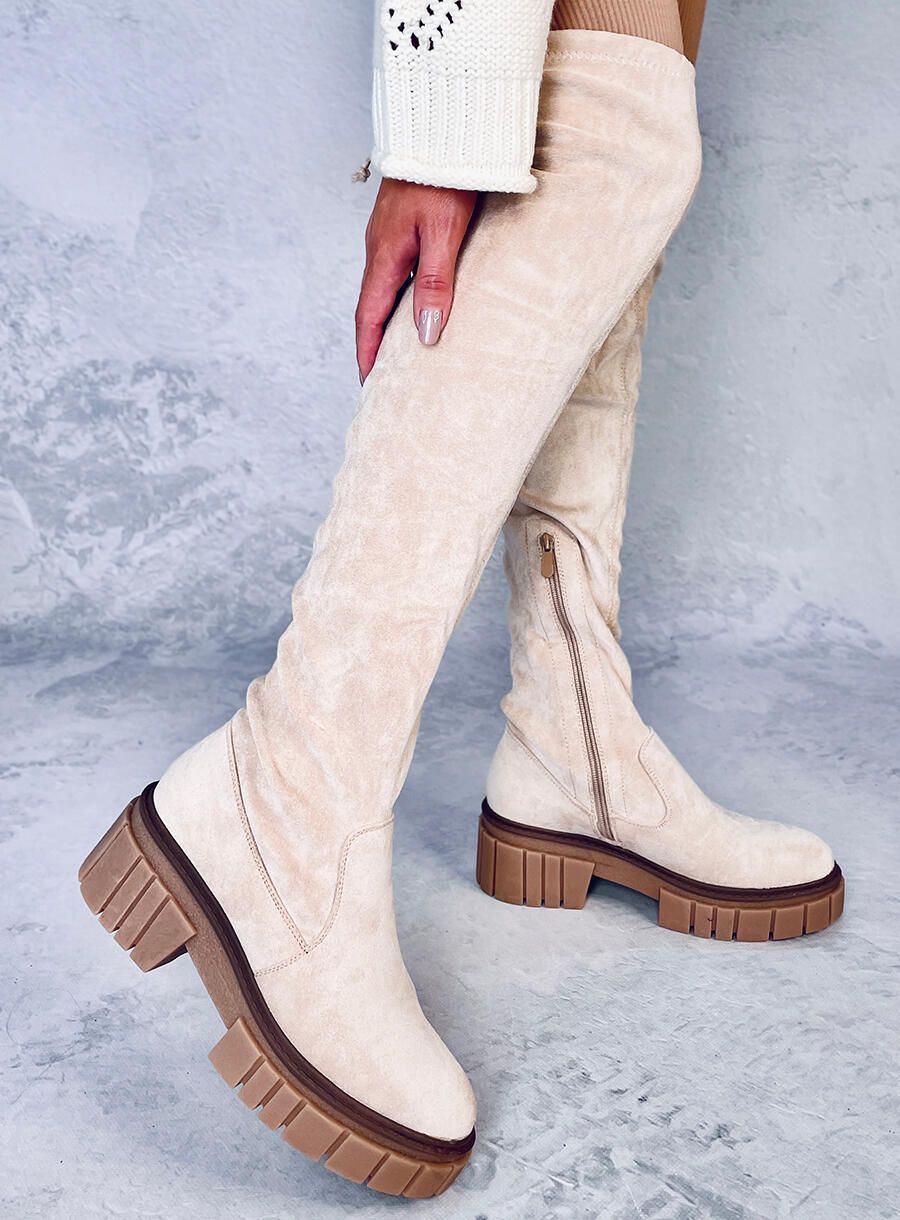 Béžové semišové vysoké holínky