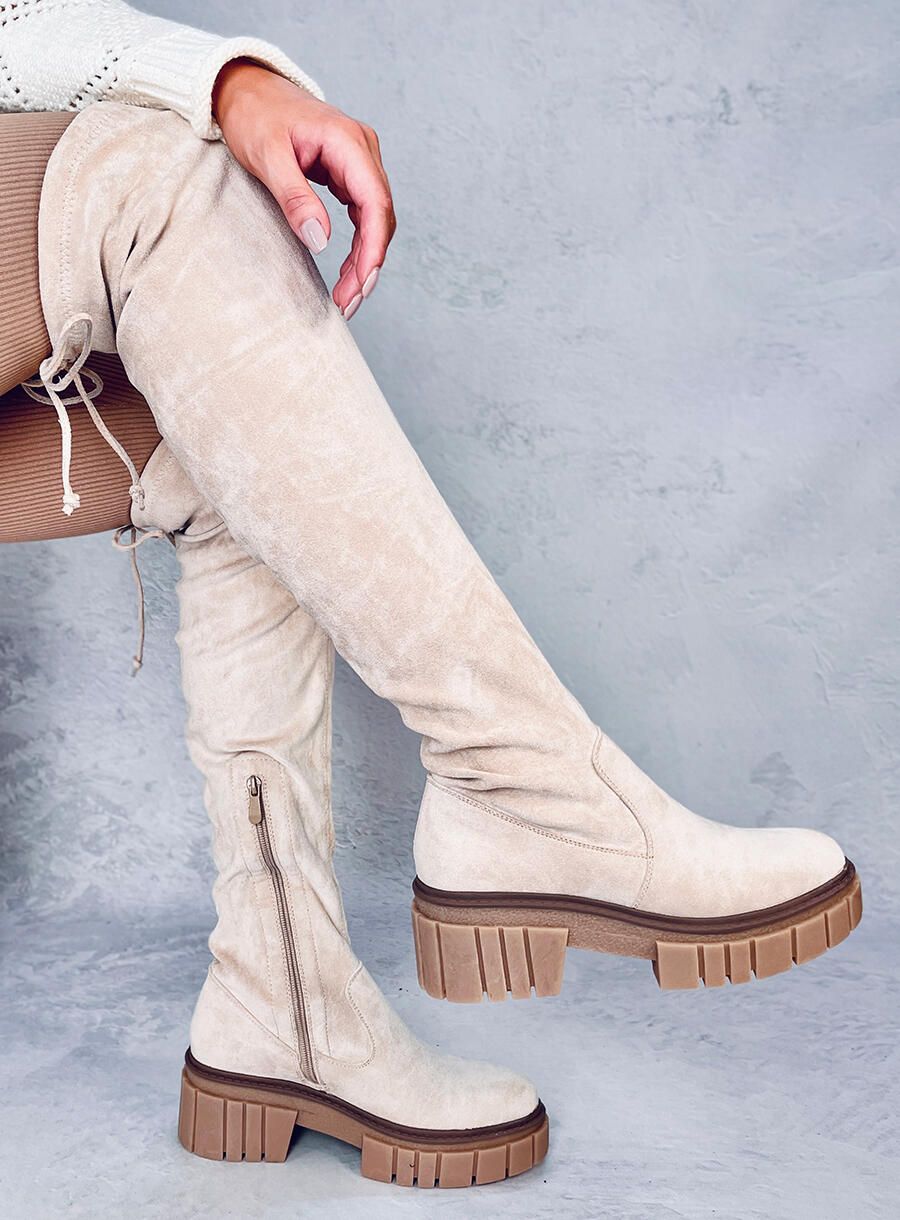 Béžové semišové vysoké holínky