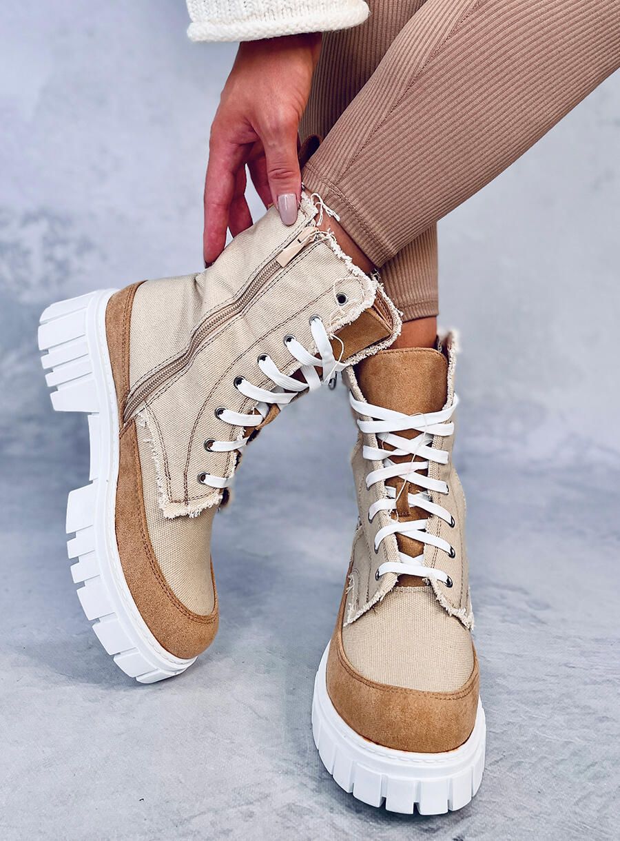 Béžové látkové kozačky na hrubé podrážce