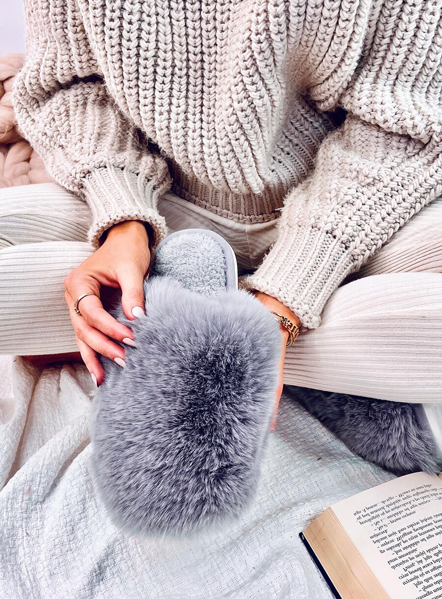 Papuče s umělou kožešinou šedé