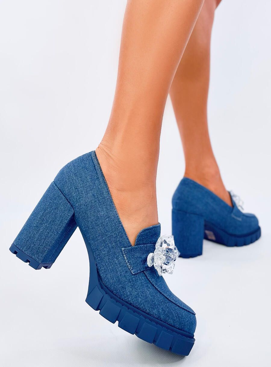 Mokasíny na podpatku s kamínky modré