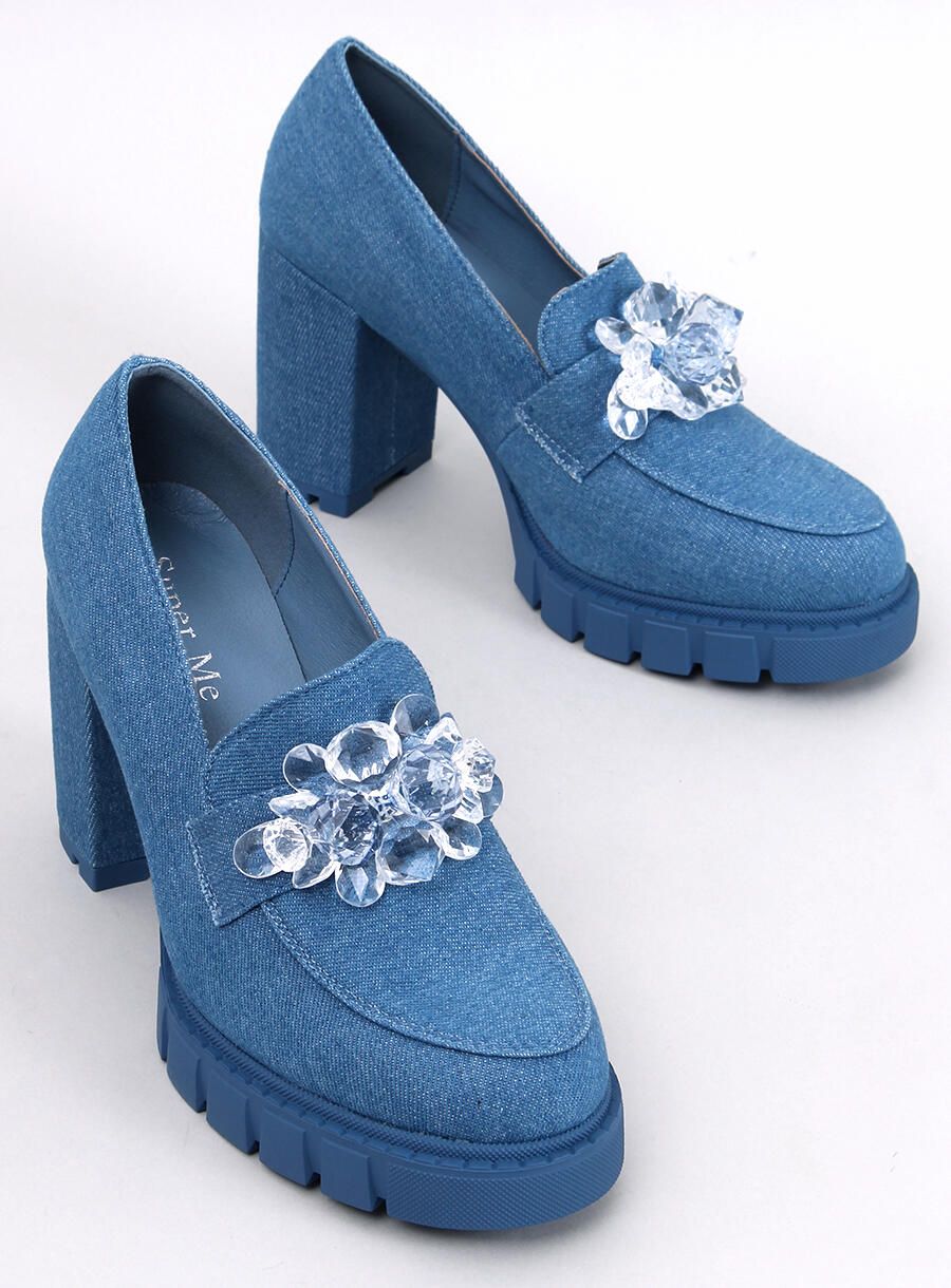Mokasíny na podpatku s kamínky modré