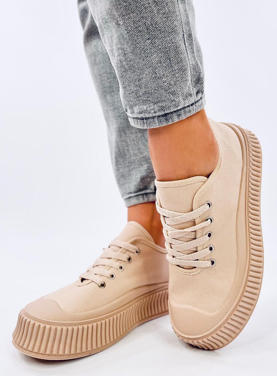 Plátěné tenisky na vysoké platformě tmavě béžové