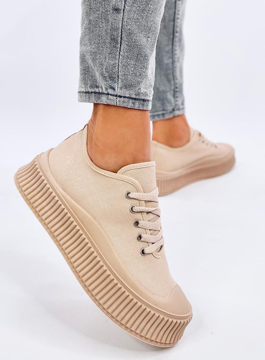 Plátěné tenisky na vysoké platformě tmavě béžové