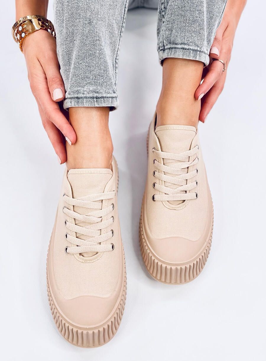 Plátěné tenisky na vysoké platformě tmavě béžové