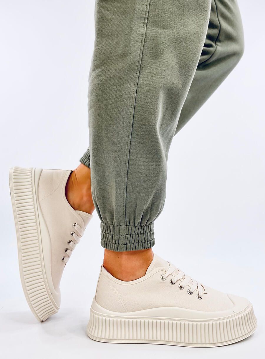 Plátěné tenisky na vysoké platformě světle béžové