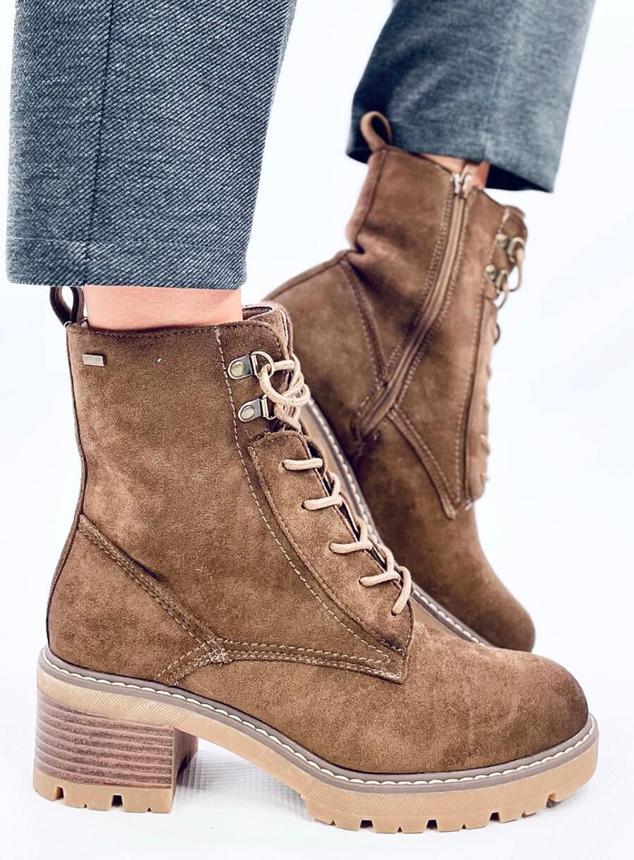 Semišové šněrovací kozačky na podpatku khaki