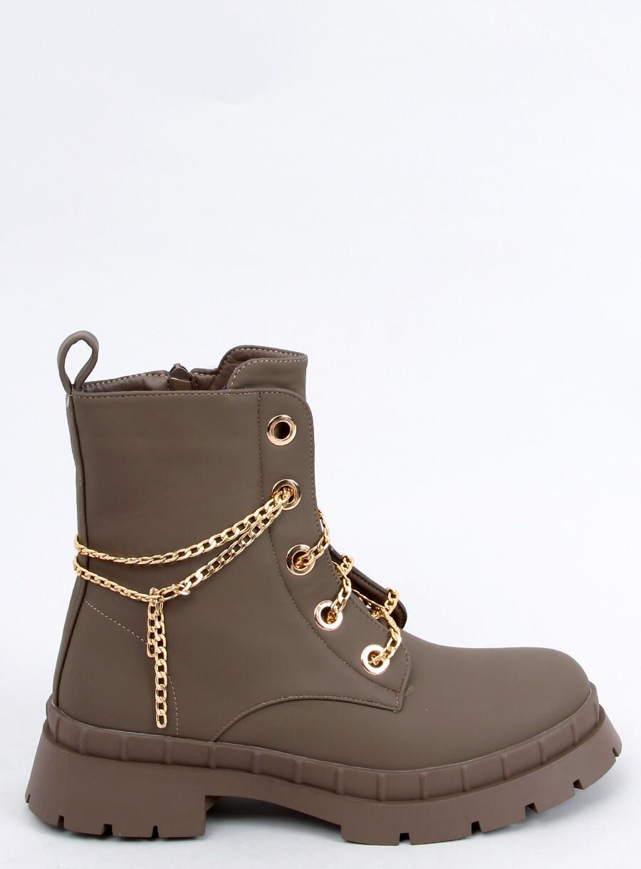 Khaki kotníkové kozačky se zlatým řetízkem