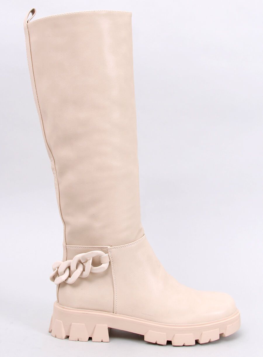 Béžové vysoké kozačky s řetízkem