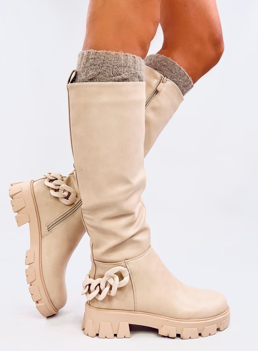 Béžové vysoké kozačky s řetízkem