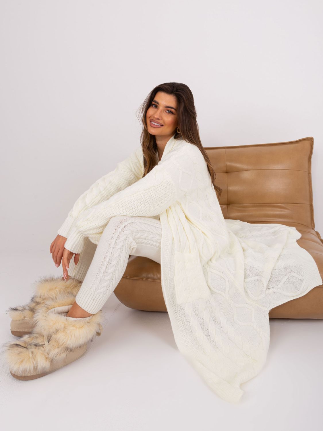 Dlouhý vlněný kardigan - ecru