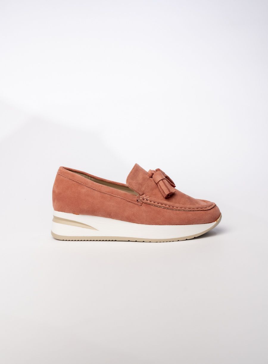 Dámské semišové mokasíny s třásněmi růžové