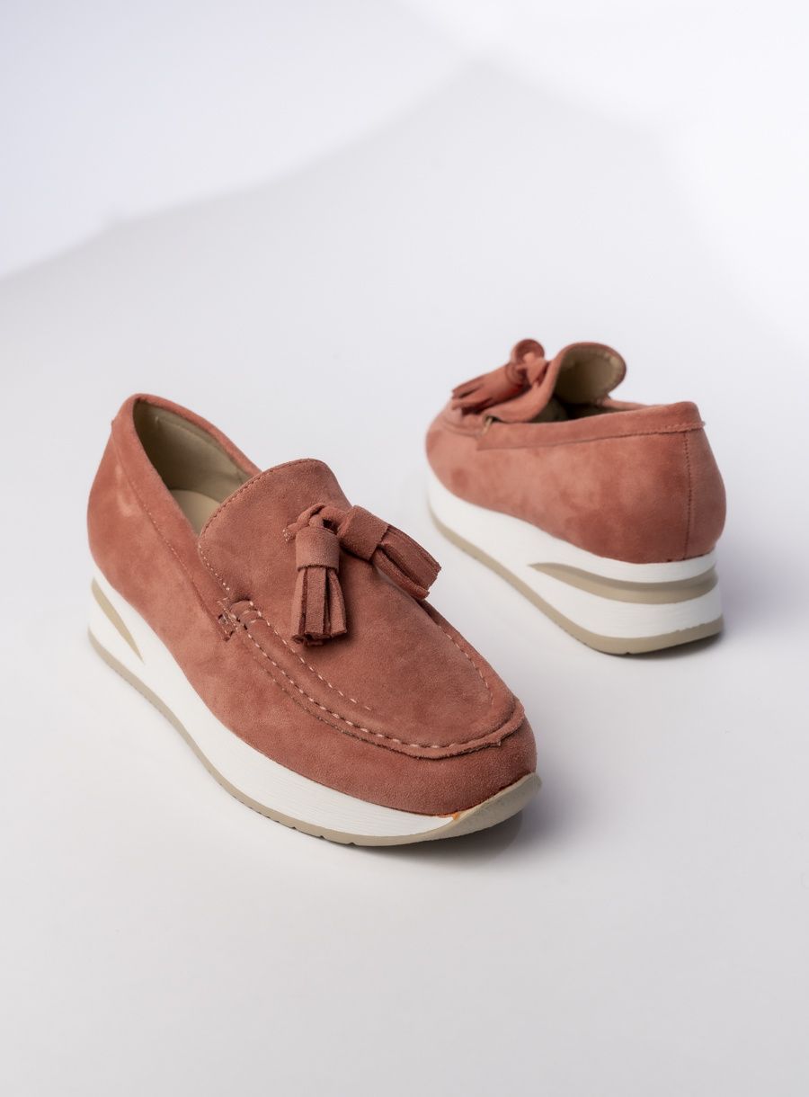 Dámské semišové mokasíny s třásněmi růžové