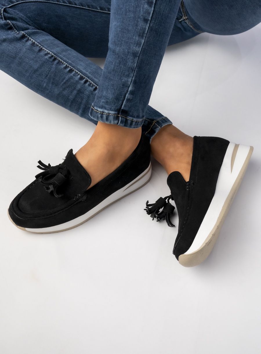 Dámské semišové mokasíny s třásněmi černé