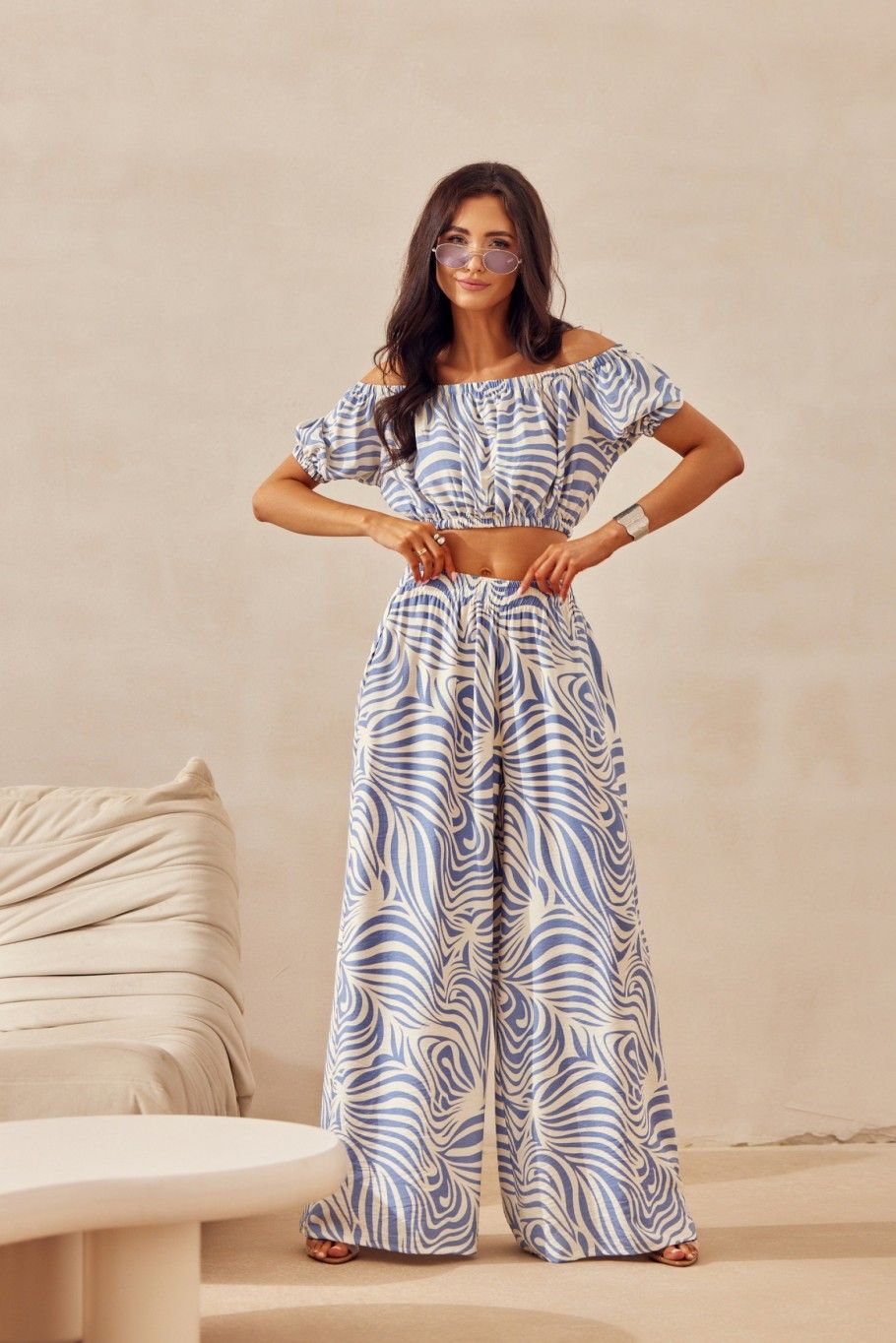 Modré wide leg kalhoty s lnem