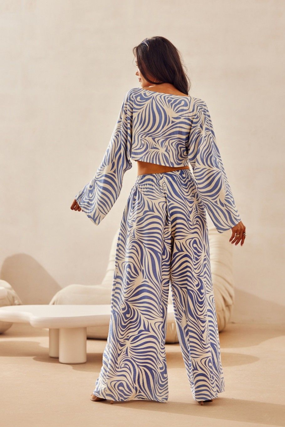 Modré wide leg kalhoty s lnem