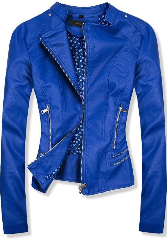 Kobalotvě modrá koženková bunda s květinovou podšívkou