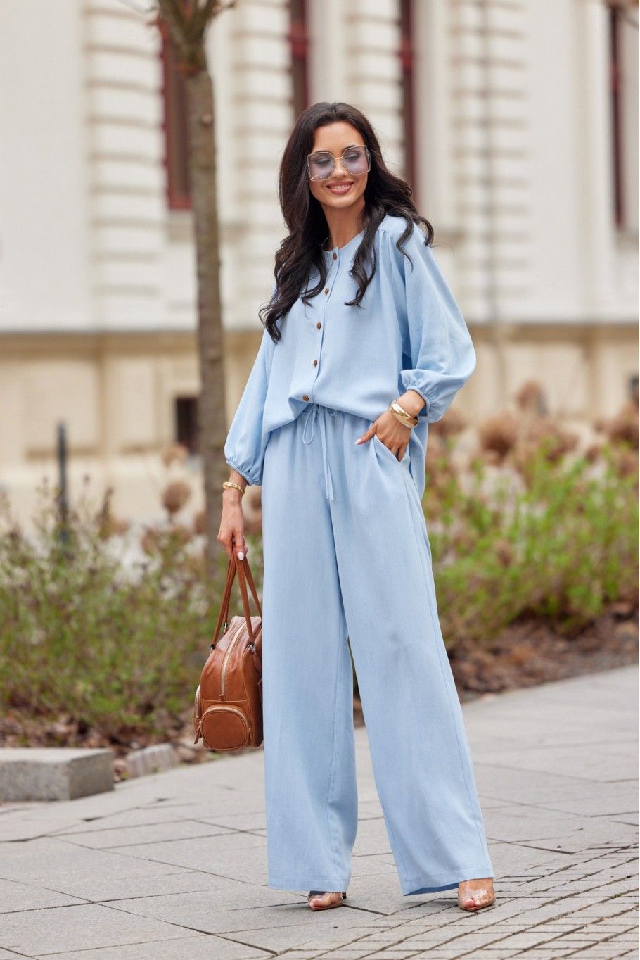 Světle modré široké kalhoty z tkaniny Tencel