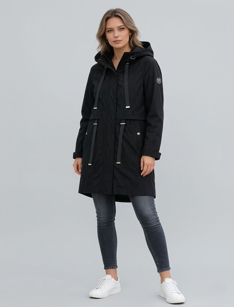 Černá jarní parka s velkou kapucí