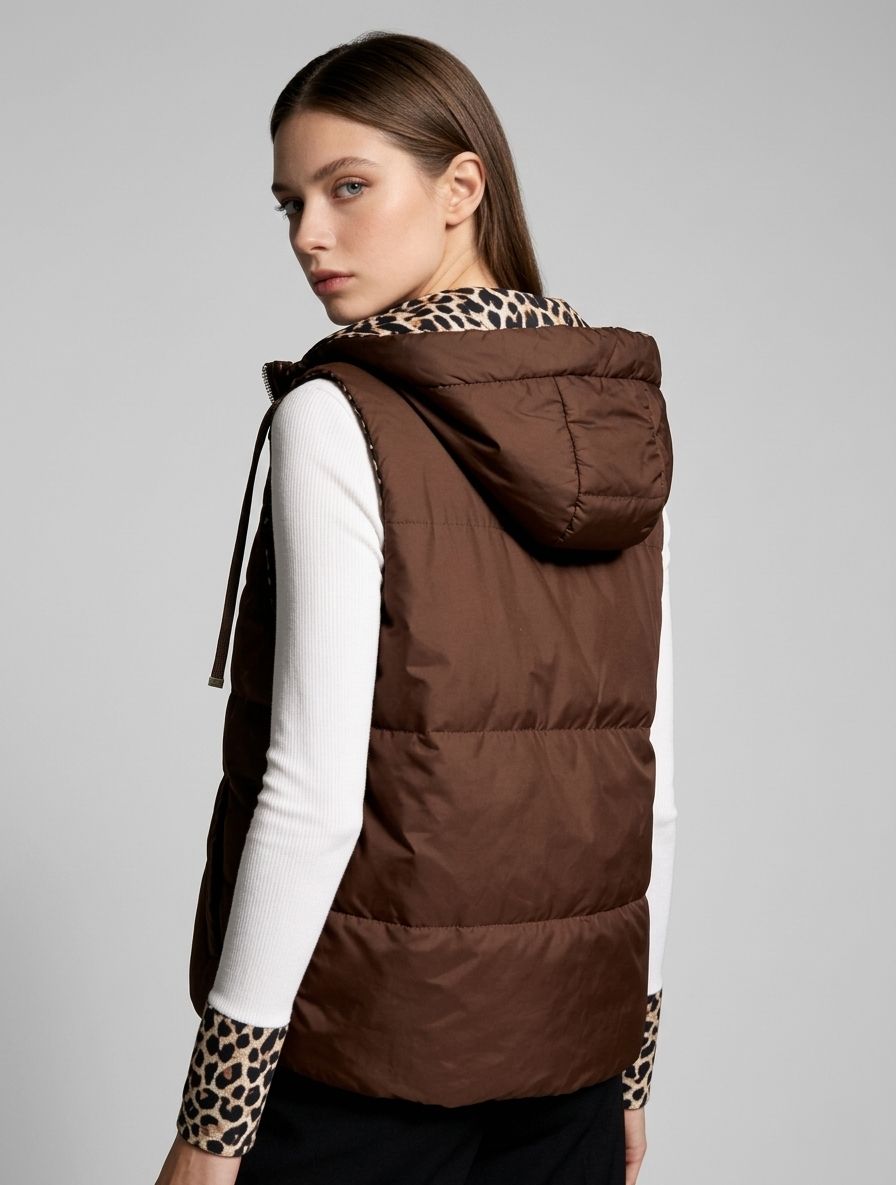 Oboustranná vesta s leopardím vzorem čokoládově hnědá