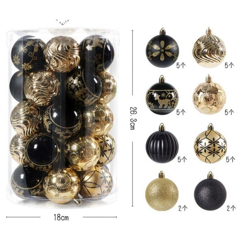 Ozdoby na stromeček černá/zlatá, 6 cm, 34 kusů