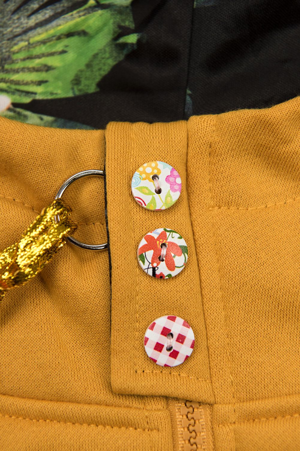 Žlutá mikina s květinovým futrem v kapuci