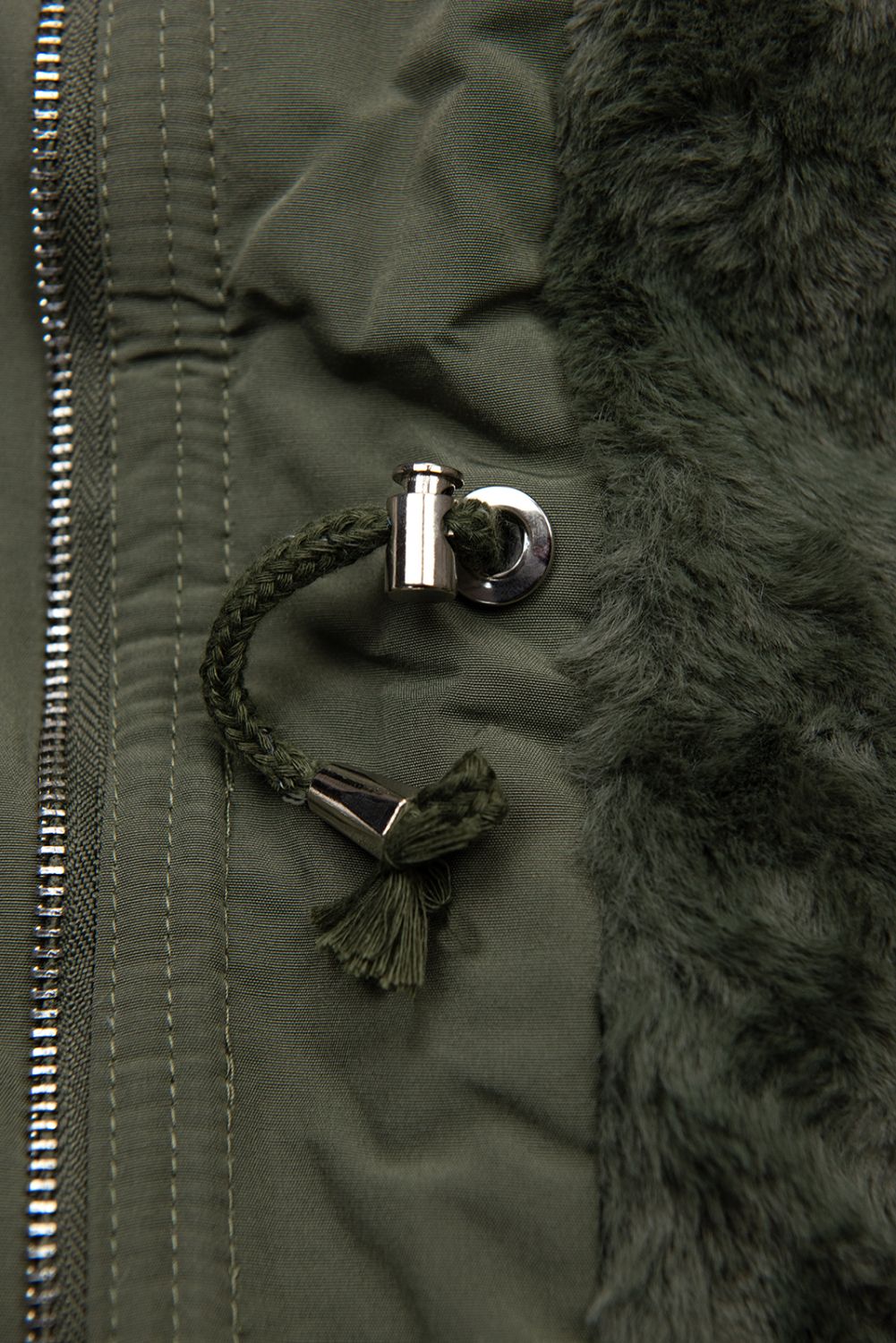 Olivově zelená parka s plyšem a kožešinou