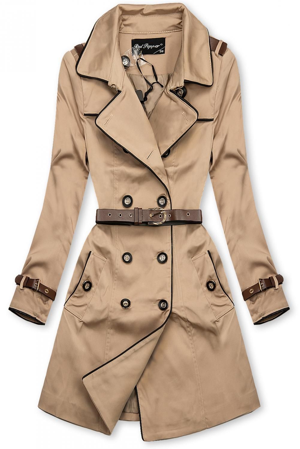 Béžový trenčkot s koženkovými detaily